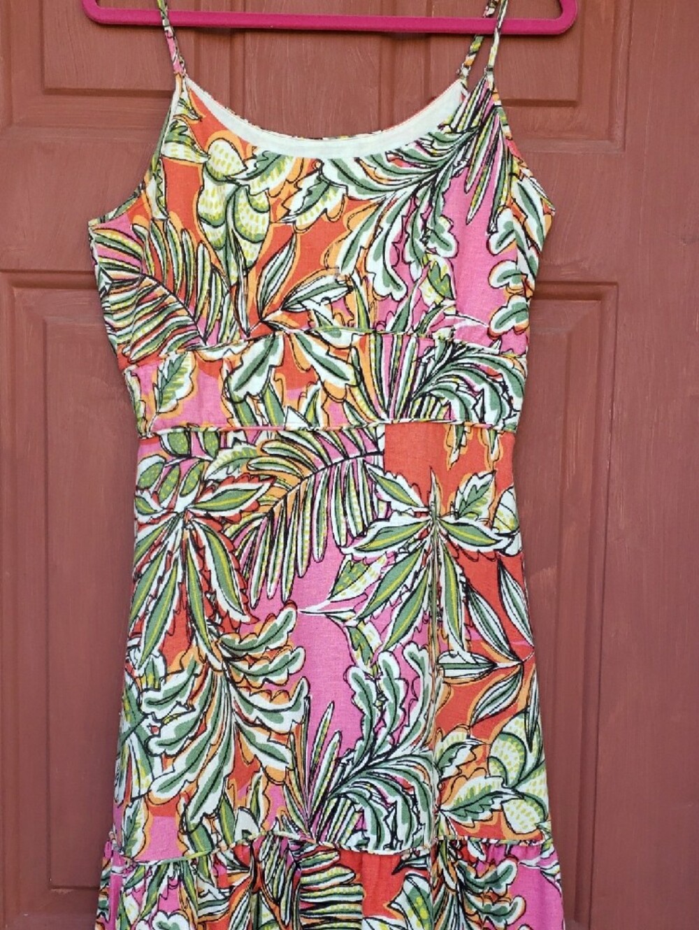 C&C California Pink & Orange Tropical Print Maxi Tiered Linen Blend Dress- L - Picture 10 of 13